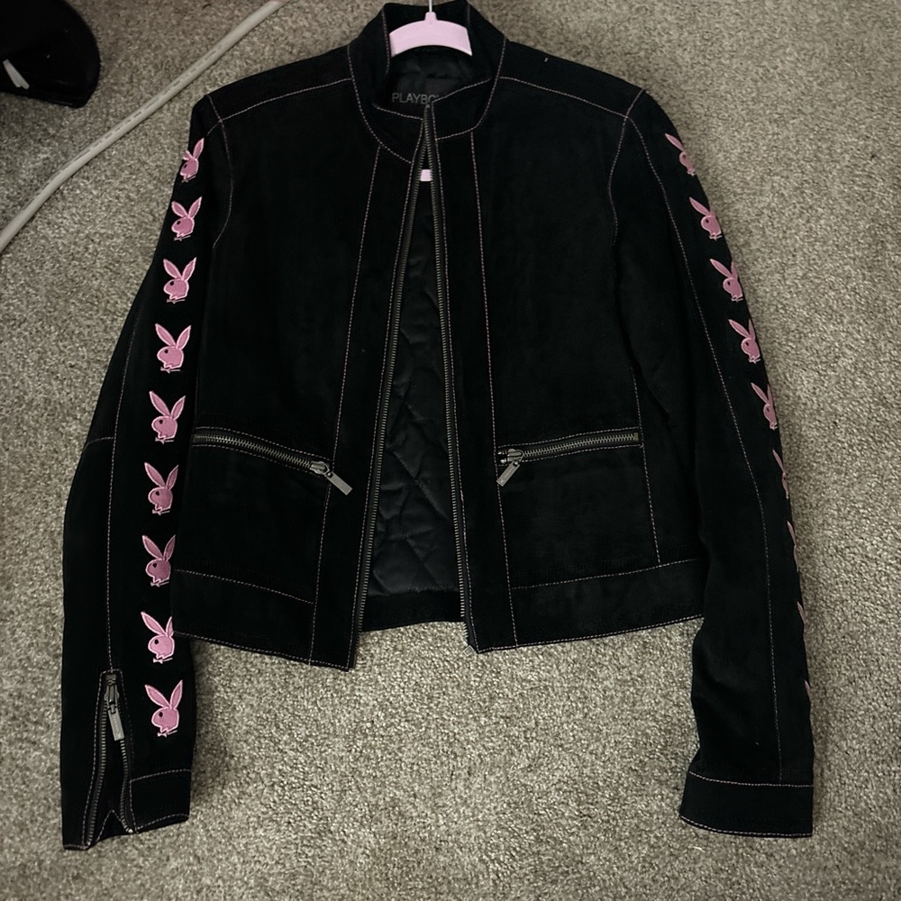 Playboy jacket size small pink and black bunnies on sleeves